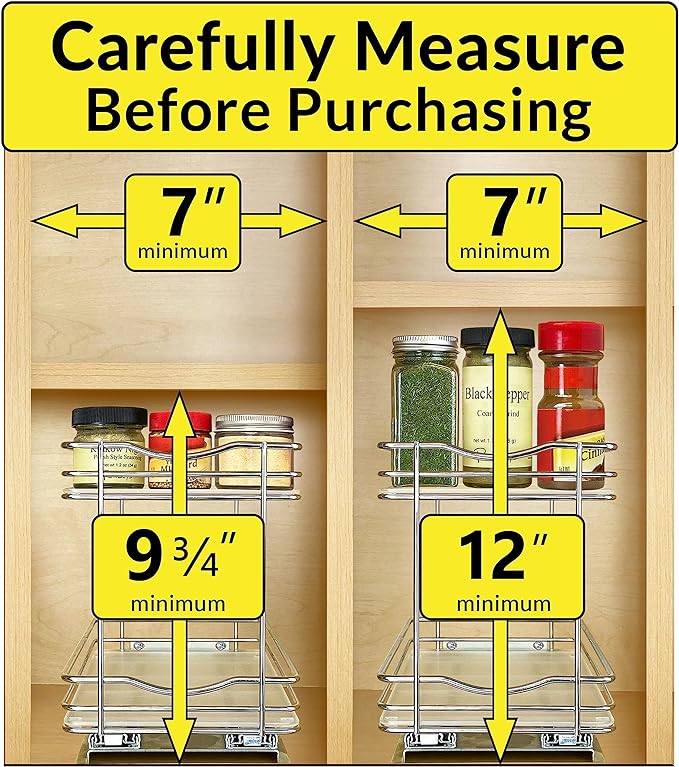 LYNK PROFESSIONAL® Pull Out Spice Rack Organizer for Inside Kitchen Cabinets - 6-1/4 inch Wide - Slide Out Drawer – Chrome Sliding Spice Cabinet Organization Shelf Racks - 2 Tier
