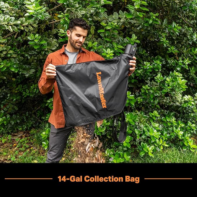 LawnMaster BV1210 Electric Blower Vacuum Mulcher 12 Amp 2-Speed Adjustment with Metal Impeller 240 MPH 380 CFM 16:1 Mulch Ratio with Collection Bag