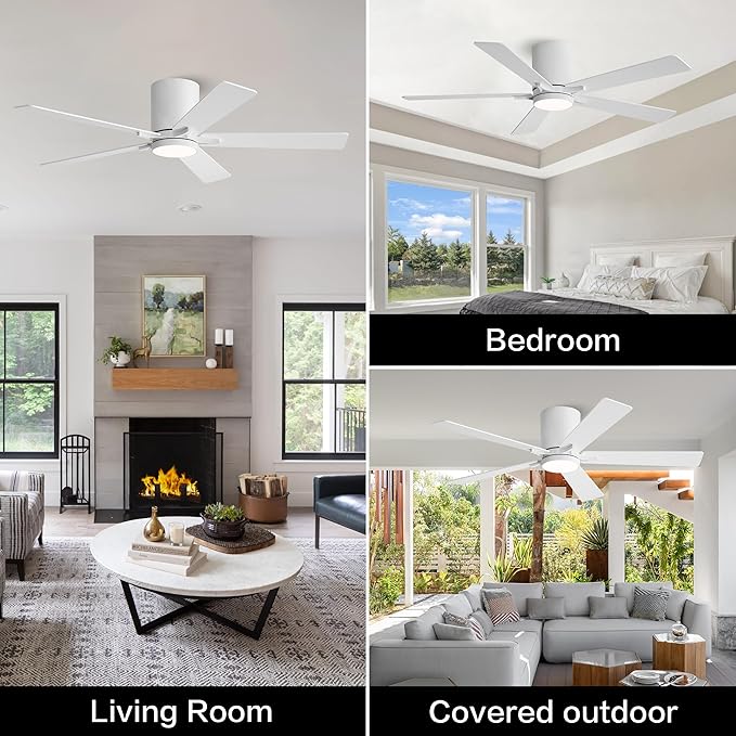 WINGBO 52" DC Flush Mount Ceiling Fan with Lights, 6-Speed Reversible DC Motor, 3CCT, Low Profile Hugger Ceiling Fan for Living Room Bedroom Kitchen, White Finish and White/Oak Blades
