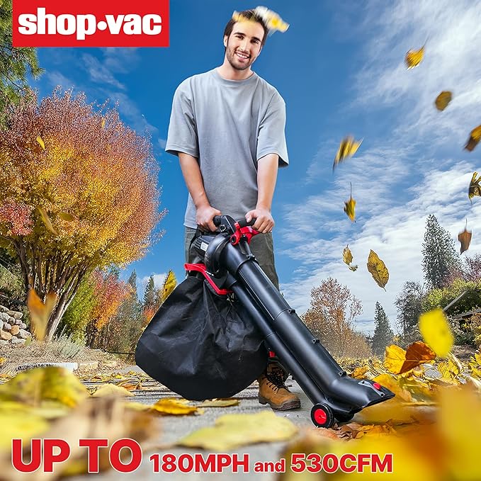 Shop-Vac 3 in 1 Electric Leaf Blower, Vacuum & Mulcher for Lawn Care, 180 mph Airflow, 530 cfm Delivery Power, 35L Collection Bag