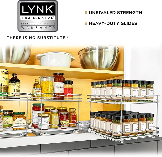 LYNK PROFESSIONAL® Pull Out Spice Rack Organizer for Inside Kitchen Cabinets - 10-1/4 inch Wide - Slide Out Drawer – Chrome Sliding Spice Cabinet Organization Shelf Racks - 2 Tier