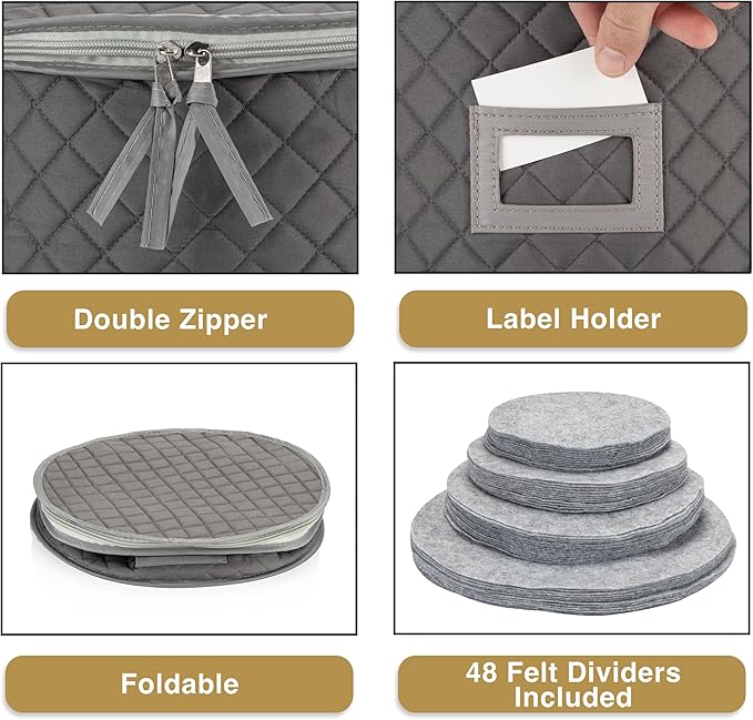 Fine China Storage - Set of 4 Quilted Cases for Dinnerware Storage. Sizes: 12" - 10" - 8" and 7" Wide - Gray - 48 Felt Plate Separators Included