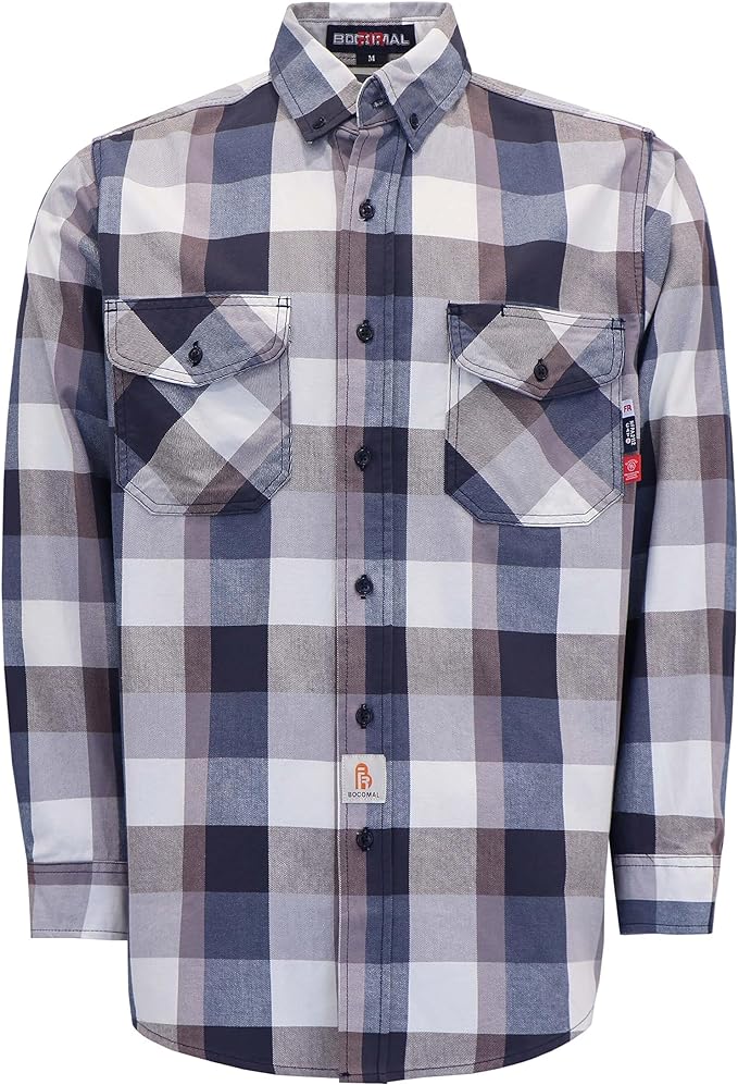 BOCOMAL FR Shirts Flame Resistant 100% C NFPA2112 7.5oz Men's Fire Retardant Welding Shirt