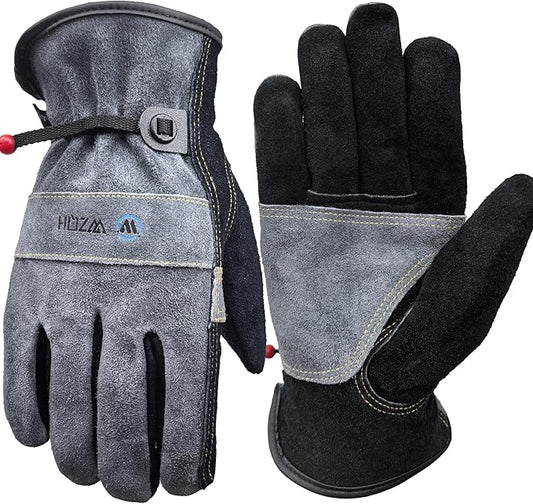 Leather Work Gloves for Men or Women, Large Glove for Gardening, Tig/Mig Welding, Construction, Chainsaw, Farm, Ranch, etc. Cowhide, Cotton Lined, Utility, Firm Grip, Durable. Grey-Black L