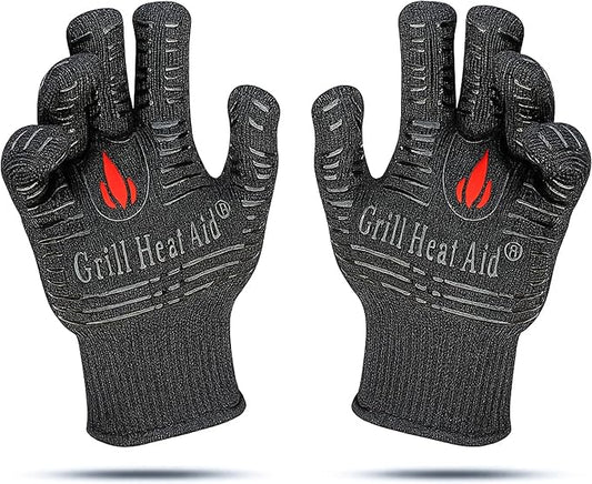 GRILL HEAT AID BBQ Grill Gloves Heat Proof for Grilling – Fireproof 1472°F Heat-Resistant Grill Mitts for Outdoor Barbecue and Smoker, Campfire, Fire Pit, Oven Glove with Fingers for Baking Pizza
