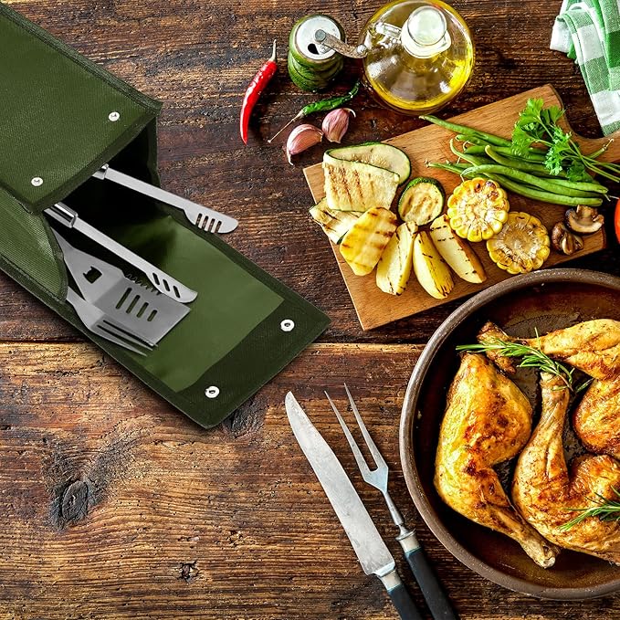 Grill Utensil Storage Bag BBQ Tool Storage Bags Barbecue Hardware Tool BBQ Utensil Holder Pouch Oxford Cloth Accessory Foldable for Camping Hiking(1 Pcs,Army Green)