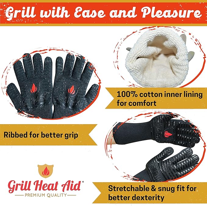 GRILL HEAT AID BBQ Grill Gloves Heat Proof for Grilling – Fireproof 1472°F Heat-Resistant Grill Mitts for Outdoor Barbecue and Smoker, Campfire, Fire Pit, Oven Glove with Fingers for Baking Pizza