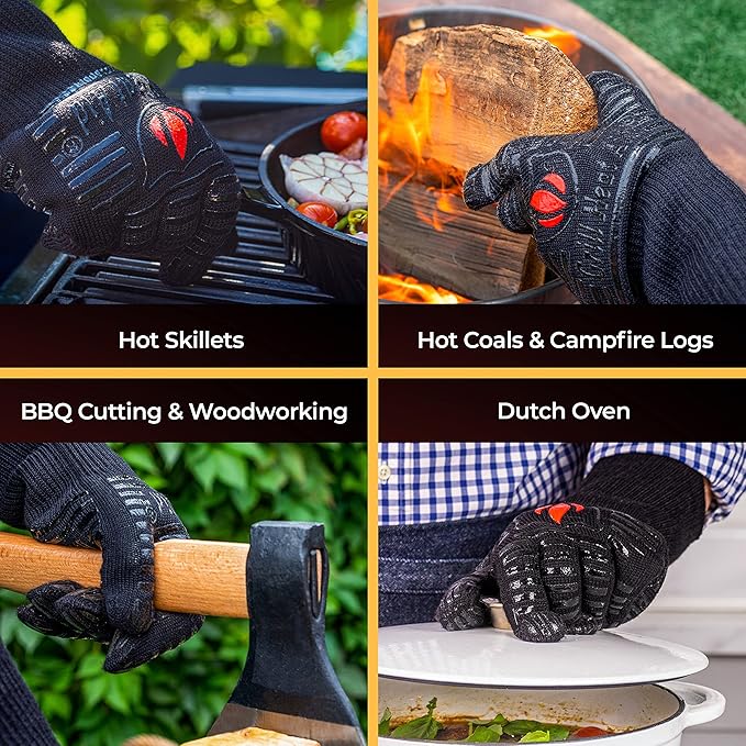 GRILL HEAT AID BBQ Grill Gloves Heat Proof for Grilling – Fireproof 1472°F Heat-Resistant Grill Mitts for Outdoor Barbecue and Smoker, Campfire, Fire Pit, Oven Glove with Fingers for Baking Pizza