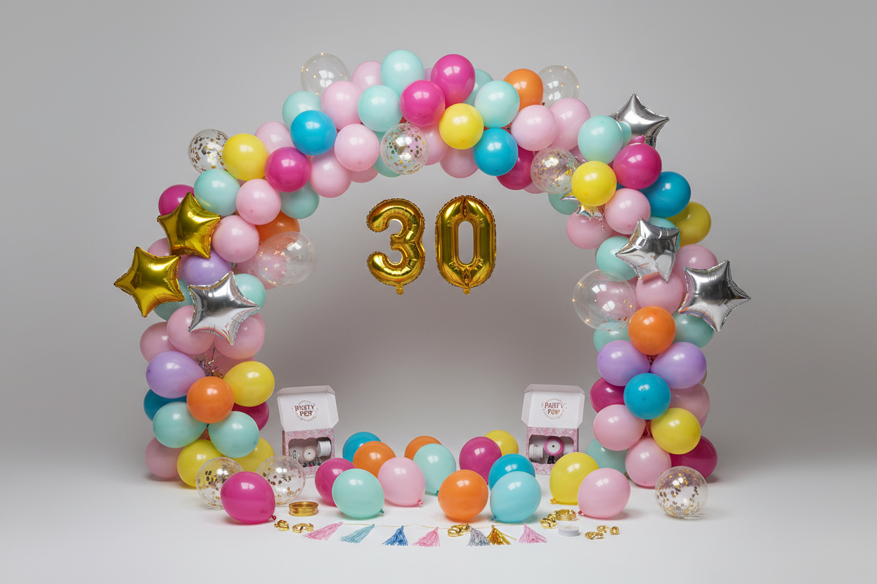 Balloons & Accessories: Latex, foil, LED balloons, balloon arches, and creative kits to wow your guests. (make it real photo)