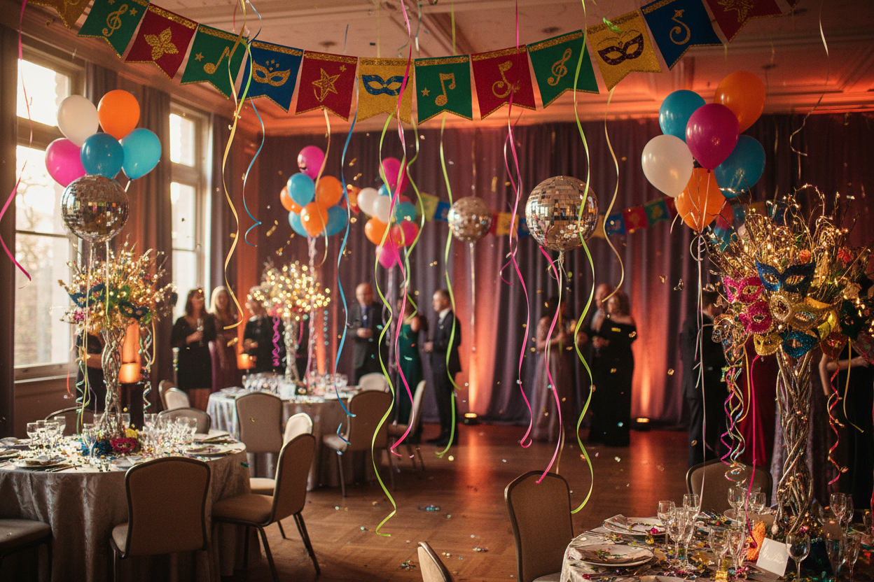 Decorations: Banners, streamers, balloons, confetti, and themed décor to set the perfect mood. (make it real photo)