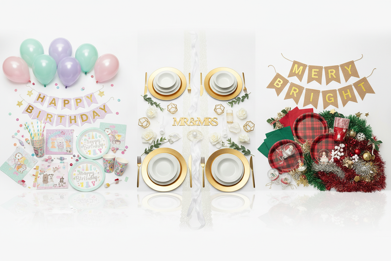 Party Kits & Themes: Complete themed sets for birthdays, weddings, holidays, and more—everything you need in one convenient package. (make it real photo)
