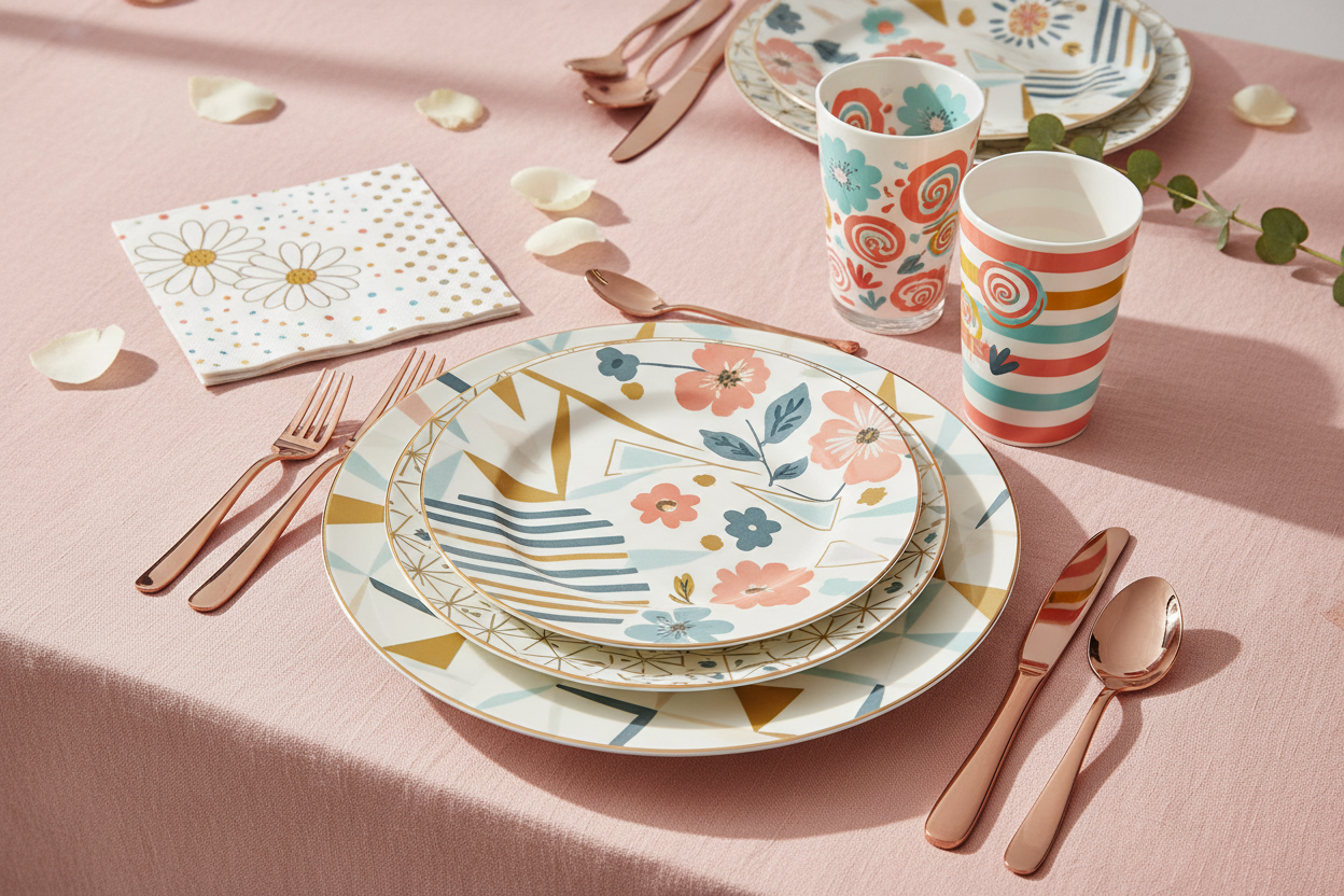 Plates, cups, napkins, cutlery, and tablecloths in fun designs and premium materials. (make it real photo)